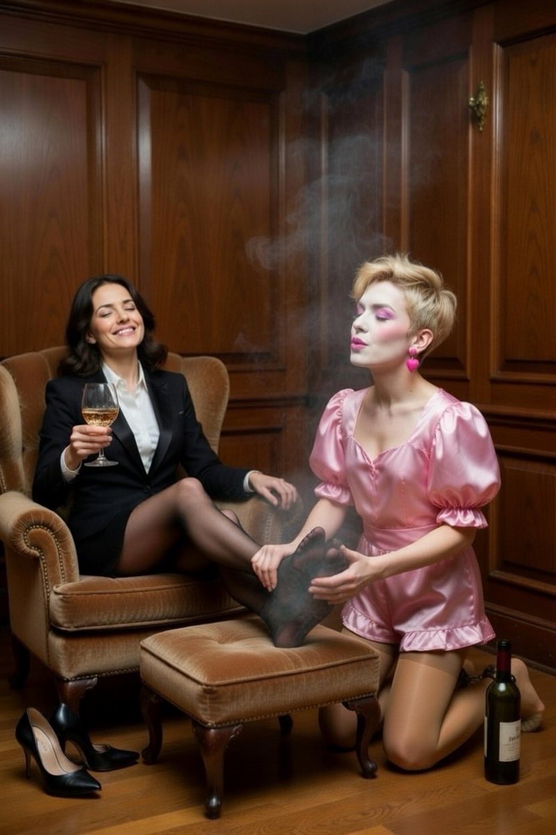 Finally Sissy Nylona is told to kneel and tend to Mistress Tina’s feet. She informs the sissy that the housekeeper has been instructed to hand wash only the panty of her pantyhose, and leave the feet unwashed, not to even rinse them going forward. Nylona literally swoons.