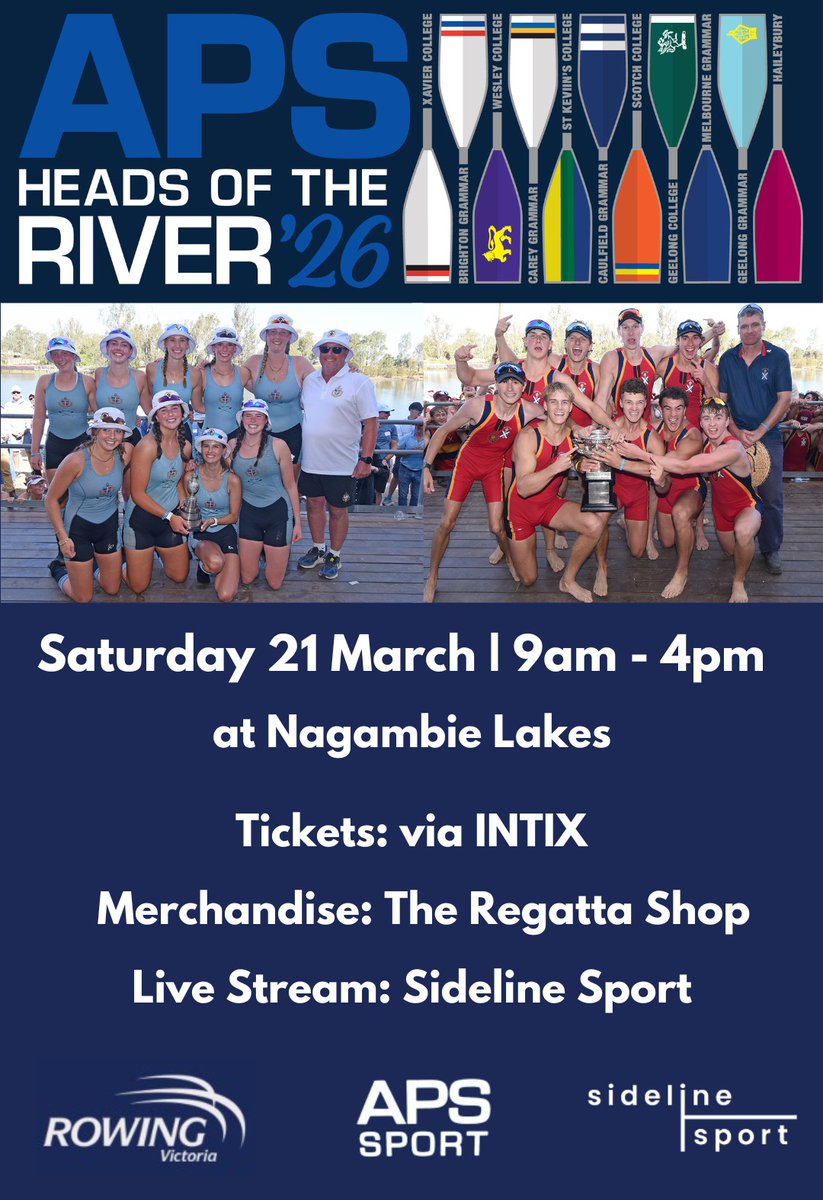 APS_Sport's tweet photo. The 158th #APS Regatta (Heads of the River) will be LIVE STREAMED again this year!
Donβt miss any of the action from 9am, Saturday 21 March at Nagambie.
It promises to be another great day of @APS_Sport Rowing!
π https://t.co/yQJIBu2QzA
#apssport #APS #apsrowing #APSHoR2026 https://t.co/XeiP2vAvt7