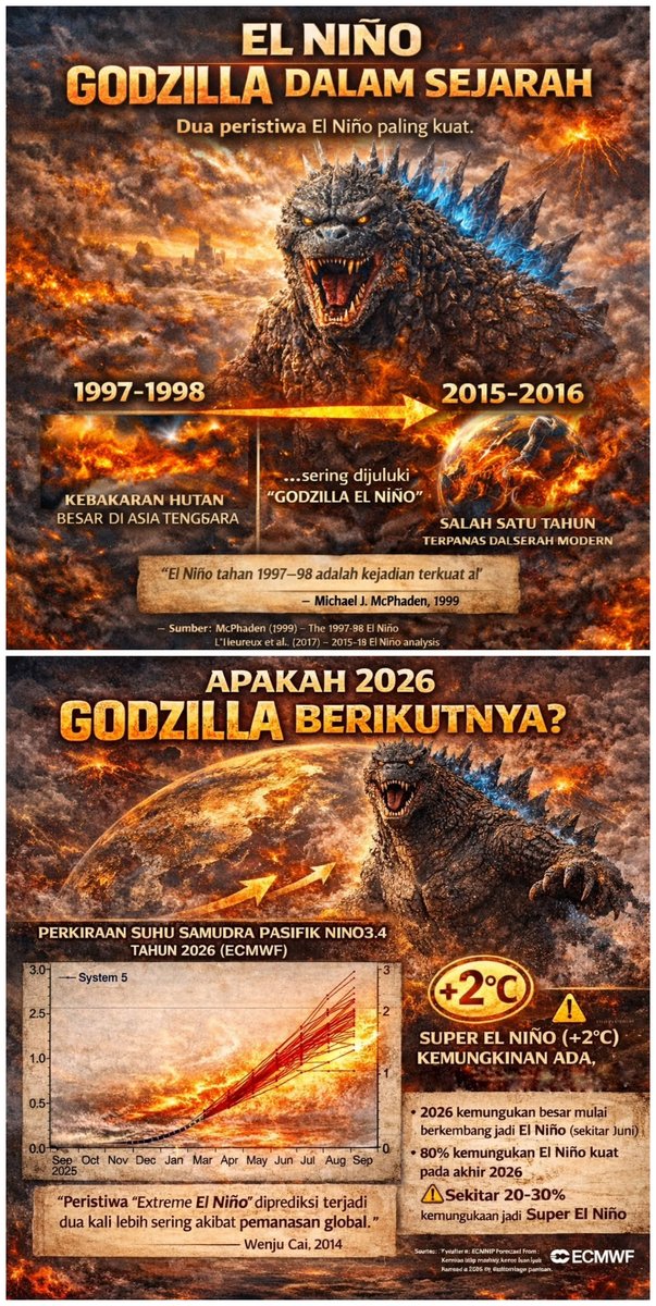 BPBDKotaMgl's tweet photo. Apakah 2026 jadi “Godzilla El Niño” berikutnya? 
Data ECMWF terbaru: suhu laut Niño-3.4 berpotensi naik +1,5°C hingga mendekati +2°C akhir 2026. Bisa jadi El Niño kuat, bahkan mendekati Super El Niño (mirip 1997/2015)!
Bersiaplah... Bencana belum selesai!

Sumber: @geomt_inc https://t.co/r12zJvOBWp