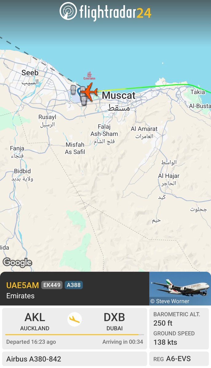 crypt_oman's tweet photo. Emirates flights from Aukland diverting to Muscat following incident at Dubai Airport (DXB) https://t.co/nBLBNI0q4e