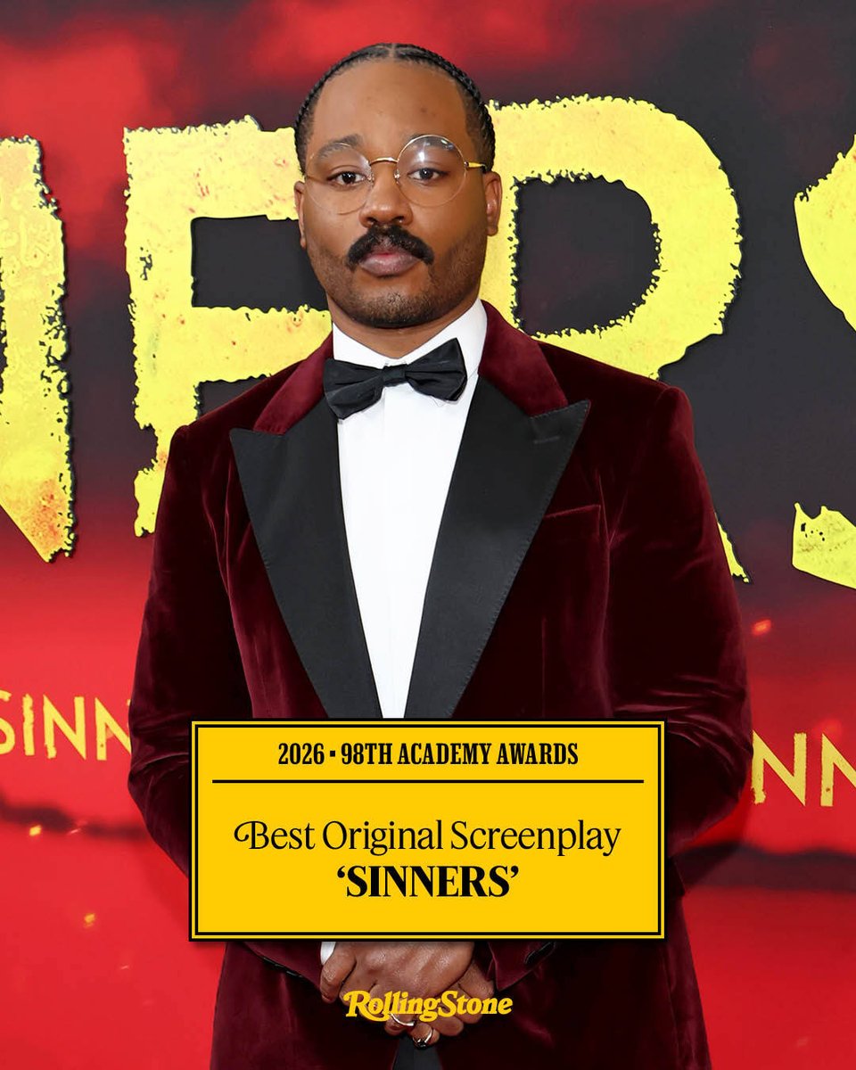 RollingStone's tweet photo. Ryan Coogler takes home his first #Oscar for Best Original Screenplay with 'Sinners' 🏆

See more of the wins: https://t.co/96v7kFDsgZ https://t.co/EdIukFAw8u