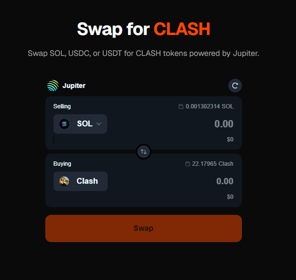 Getting $CLASH is now built directly into ClashPicks.

You can swap $SOL, $USDC, or $USDT -> $CLASH in just a few clicks using the integrated swap powered by Jupiter.

Here’s how it works:

1️⃣ Connect your Solana wallet
2️⃣ Choose the token you want to swap
3️⃣ Swap directly for