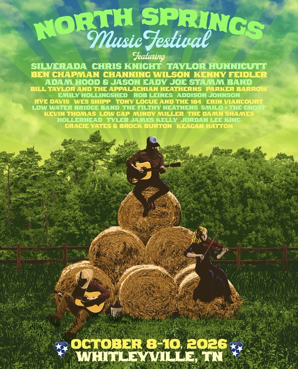 The poster is here! Once again done by the one and only Jimbo Valentine! 3 days. 29 acts. Cooler fee included in ticket price. Headlined by <a href="/silveradamusic/">Silverada</a>, <a href="/HUNNICUTTMF/">Taylor Hunnicutt</a> &amp; <a href="/Chris_Knight_KY/">Chris Knight</a>. Tickets at northspringsmusicfestival.com!
