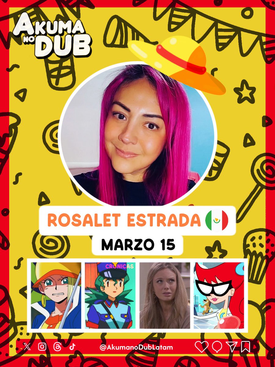AkumanoDubLatam's tweet photo. 🌟🎉 Felicidades Nakama!! 🎉🌟

Enviamos un fuerte abrazo a Rosalet Estrada / @soyrosalet 🇲🇽 en su Cumpleaños. Fue voz en One Piece de:

- Mikita / Srta. San Valentín (1° Etapa/4Kids) 

#OnePiece #Doblaje #Cumpleaños #RosaletEstrada https://t.co/OmpFfksgmM