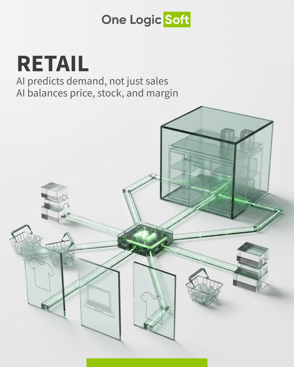 OneLogicSoft's tweet photo. Real AI, not slides:
•Logistics: plans &amp; adapts routes live
•Retail: predicts demand, balances stock &amp; price
•Banking: continuous risk scoring
•Healthcare: organizes data, helps clinicians
•Manufacturing: predicts failures, stabilizes quality
AI = smarter decision https://t.co/MlQkdJnfIx