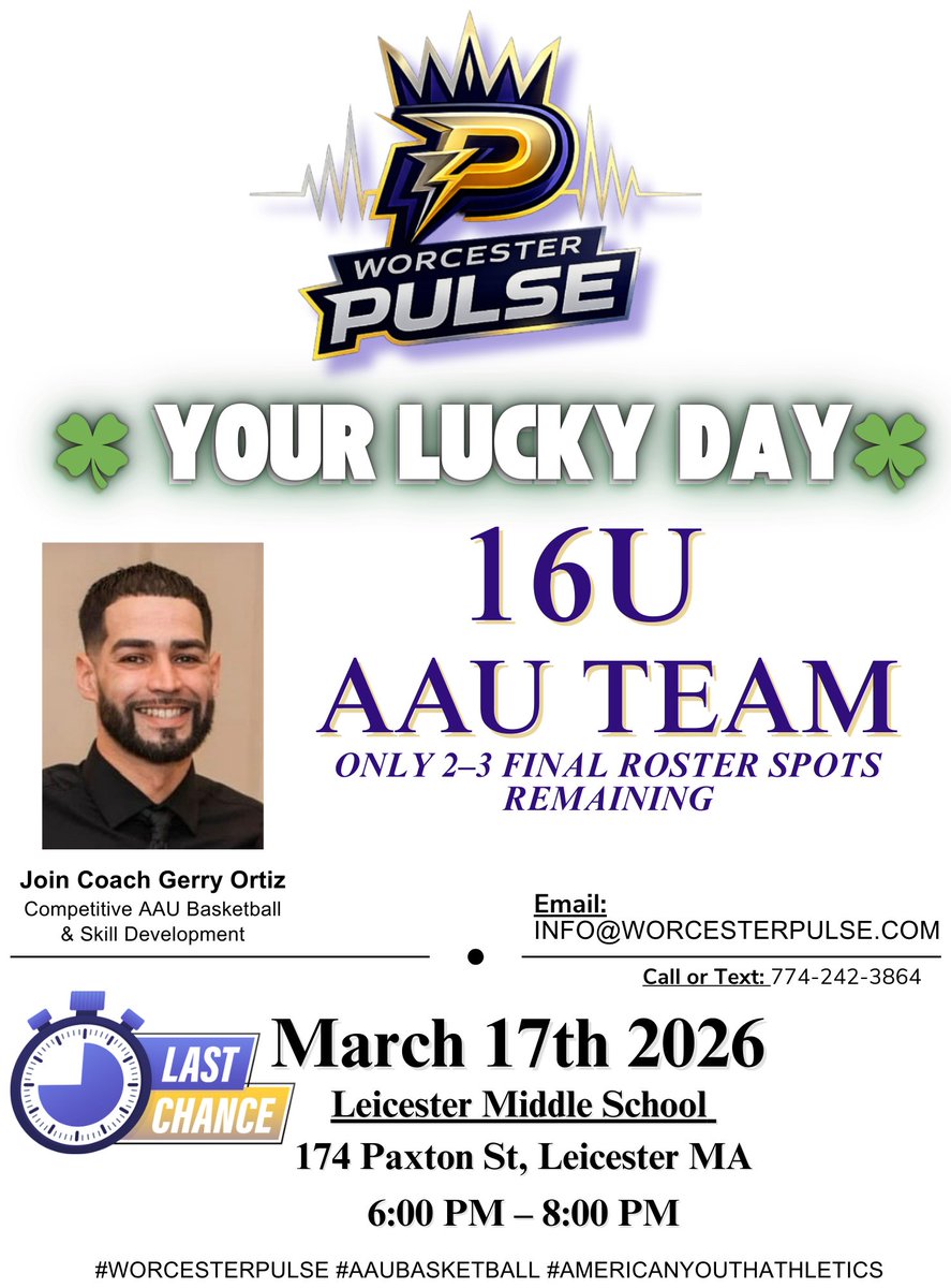 F3clinx's tweet photo. 🍀 YOUR LUCKY DAY 🍀
Worcester Pulse 16U AAU team has only 2–3 roster spots remaining.
Final evaluation
📅 March 17 (St. Patrick’s Day)
⏰ 6–8 PM
📍 Leicester Middle School
If your athlete is still looking for a competitive AAU program before tournament season begins, message me https://t.co/tICoAevWKT