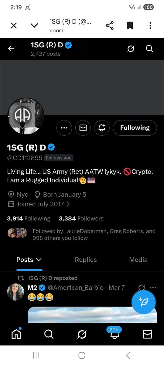 Can we find these veterans some new connections 
<a href="/AgentSquirrelZ/">🕵🏼‍♂️ 🇺🇸✝️Secret Agent SquirrelZ✝️🇺🇸🐿️</a> 
<a href="/CD112895/">1SG (R) D</a> 
F&amp;R
🇺🇸🫡