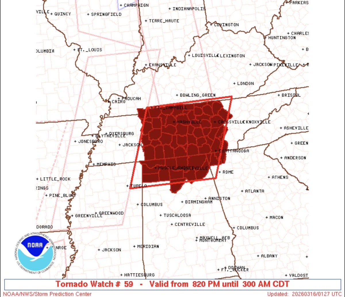 StormTrack9Dave's tweet image. Weather Alert (3/15)

Tornado Watch for a large part of our viewing area until 4amET Monday. #CHAwx #Chattanooga