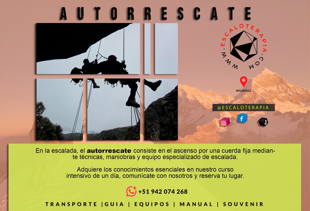 Escaloterapia's tweet photo. ¿Ya sabes nudos y hacer rapel...? 
Este es el siguiente paso!!

Fecha: 21 y 22 de Marzo.
Lugar: Rocodromo Los Olivos, #huaraz 
Mas informacion en: https://t.co/qFcmEH0jSt

Técnicas y maniobras de escalada en https://t.co/jKi2vy2z4b #escaloterapia #escalada #escalar #escalador https://t.co/SODDUlR3gm