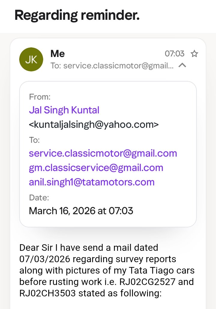 क्या <a href="/TataMotors_Cars/">Tata Motors Cars</a> अपने कर्मचारियों को ग्राहकों द्वारा भेजी जा रही e mails का जवाब देने से भी रोकते हैं❓ सेवाएं तो आप जैसी भी दे रहे हैं ठीक है किन्तु ग्राहक की e-mail का भी जवाब न देना कहाँ तक न्यायोचित है❓क्या टाटा मोटर्स अपने कर्मचारियों को यही सीख देती है❓
<a href="/TataMotors/">Tata Motors</a>