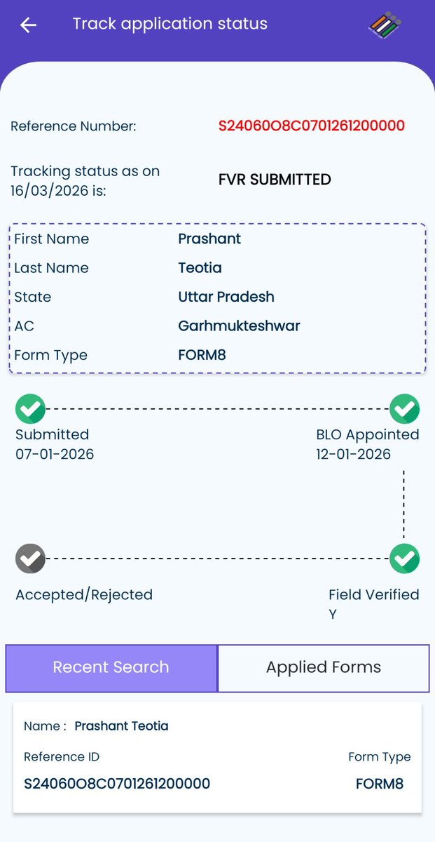 TeotiaUPP's tweet photo. @ECISVEEP @ceoup
I submitted Form 8 via the ECINET app two months ago to update my Voter ID details. BLO field verification was also completed two months ago, but the request is still pending. Kindly look into the matter and process it soon.
Ref No: S24060O8C0701261200000 https://t.co/OVvb07XWQD