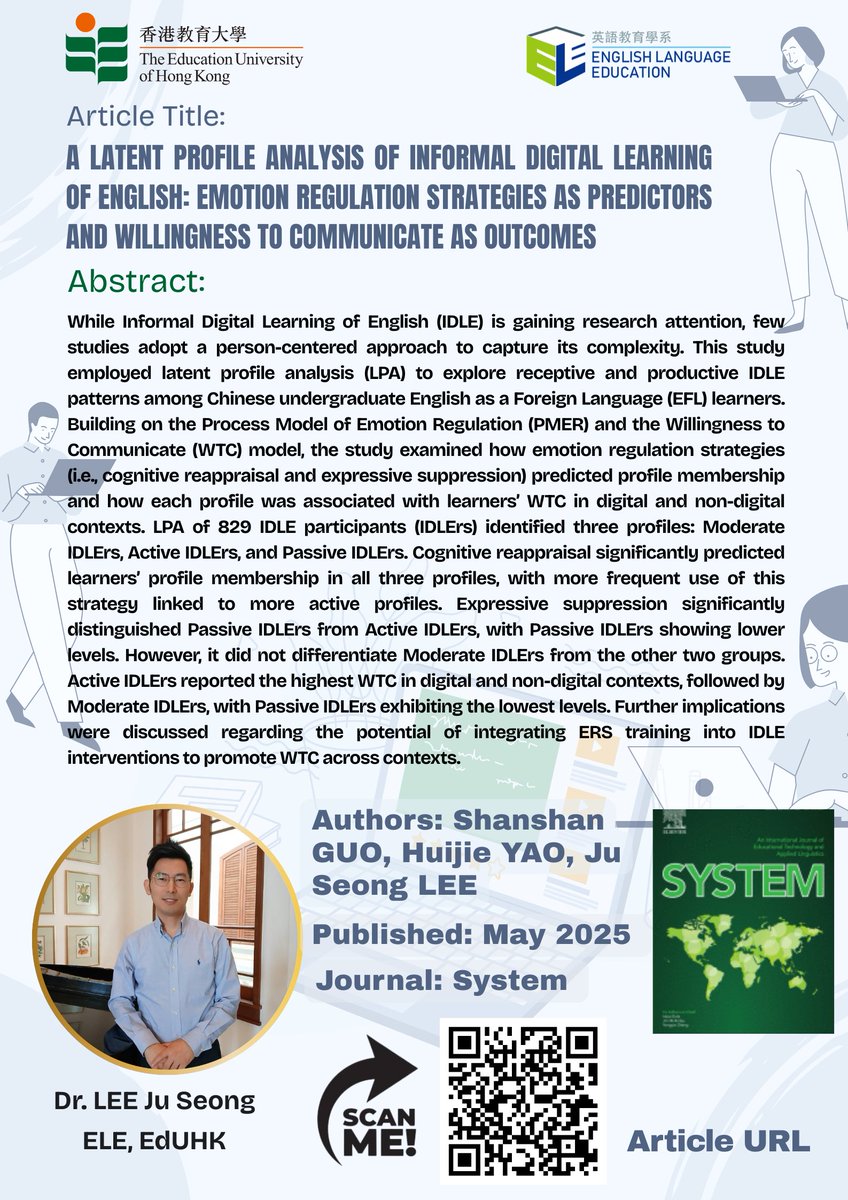 Eduhk_ELE's tweet image. ELE's Open Knowledge Poster (#43)

A latent profile analysis of Informal Digital Learning of English: Emotion regulation strategies as predictors and willingness to communicate as outcomes

#EdUHK #poster #education #qualityresearch