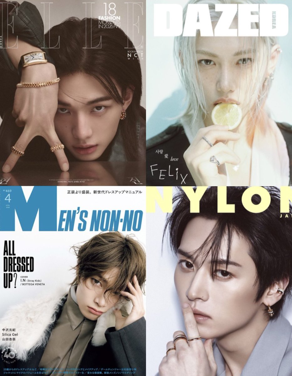 WE ARE ACTUALLY GETTING...

Hyunjin for Elle Korea
Felix for Dazed Korea
I.N for  Men’s Non No
LeeKnow for Nylon Japan

ALL IN THE SAME MONTH?! This is actually insane 😩