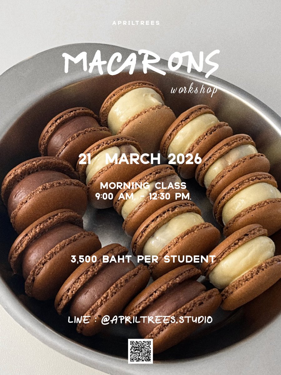 kristqiao's tweet photo. MACARON 
workshop 

เมนูปราบเซียนที่พร้อมรอให้ทุกคนมาประลองฝีมือกันนะครับ กับเมนู มาการอง มาพร้อมกับไส้ใหม่ประจำปีนี้ คือ Raspberry rose และ Chocolate ganache รสชาติหวานกำลังพอดี 

LEMON MERINGUE TART 
workshop 

สำหรับ เลมอน เมอร์แรง ทาร์ต นักเรียนจะได้ลงมือทำทาร์ตจากแป้งอัลมอนด์ เพื่อเพิ่มความหอม กรอบ ทานคู่กับ เลมอน เคิ��์ด และ สวิส เมอร์แรง เข้ากันได้อย่างลงตัว 

นักเรียนจะได้ลงมือทำขนมด้วยตัวเองในทุกๆขั้นตอน พร้อมเทคนิคต่างๆที่รอทุกคนอยู่เพียบเลย ใครที่เคยตั้งใจอยากทำขนมด้วยตัวเอง ถึงเวลาสวมผ้ากันเปื้อน เข้าครัวไปด้วยกันแล้วนะครับ 

ป.ล. สมัครเข้าร่วมเวิร์คชอปพร้อมกัน 2 เมนูขึ้นไป รับส่วนลด 10% ทันที ห้ามพลาดนะครับ

LINE : @apriltrees.studio