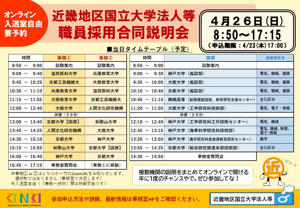 【近畿地区国立大学法人等職員採用合同説明会】のお知らせ！

今年も近畿合同の季節がやってきたで🌸
近畿地区のR8年度採用予定のある機関の話をまとめて聞ける機会は今回だけやで！

日時：4月26日（日）8：50～（オンライン開催）

🔽詳細はこちら！
kinki-ssj.adm.kyoto-u.ac.jp/briefing/#0426…