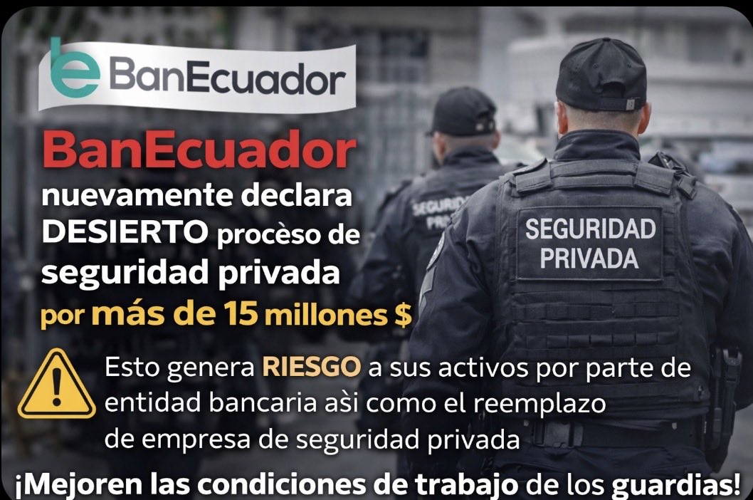 🔴🔴🔴
4ta vez q <a href="/BanEcuadorBP/">BanEcuador</a> declara “desierto” contratación #seguridadprivada 😱
👉Este tipo d negligencia genera ⚠️ en sus activos y la misma operación; la renovación d empresas d seguridad es saludable  
Aquí cabe #Fiscalizacion <a href="/AsambleaEcuador/">Asamblea Nacional</a> y <a href="/SERCOPec/">SERCOP 🇪🇨</a> 
<a href="/eduardopenah/">Eduardo Peña Hurtado</a>