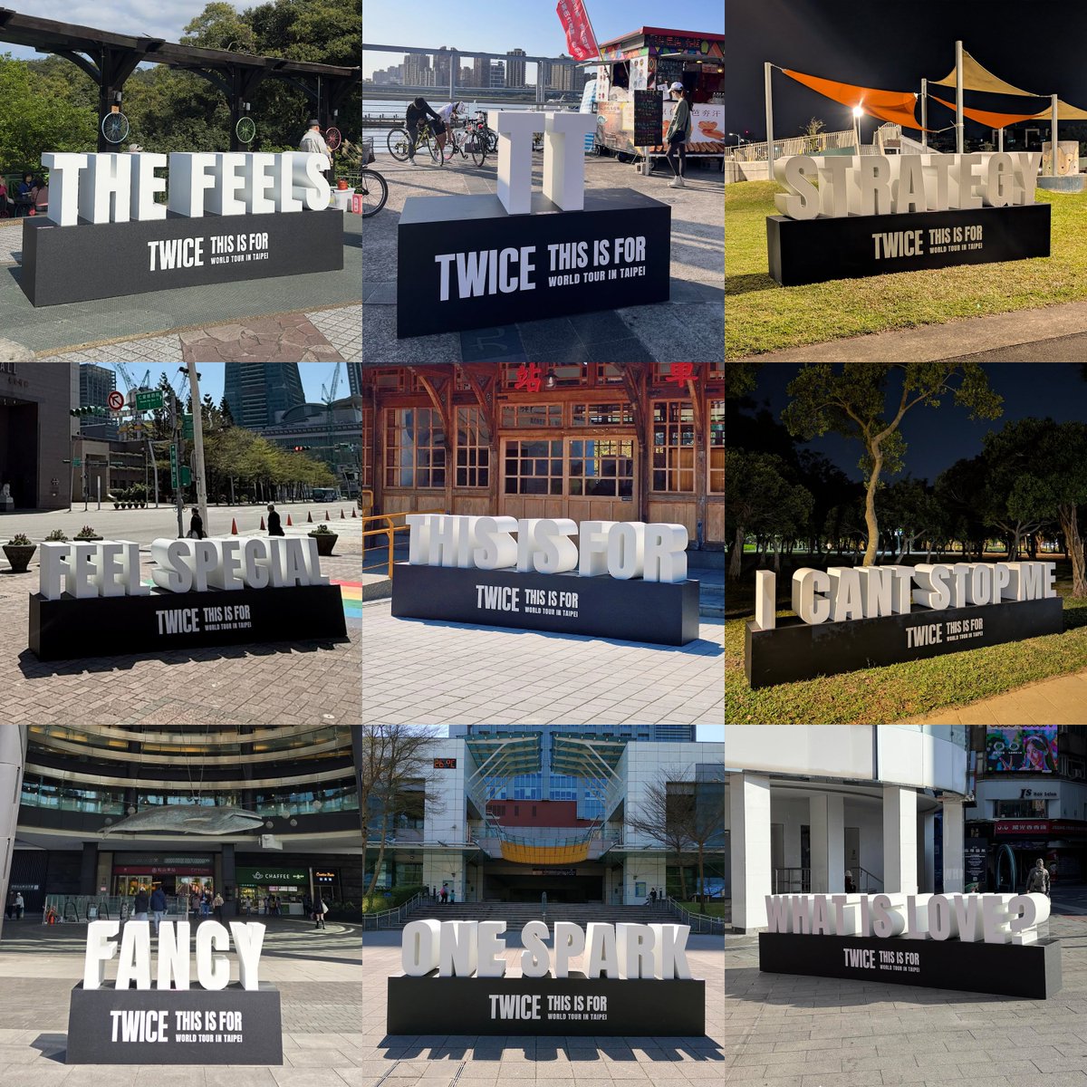 Nine of TWICE's iconic songs are appearing at landmarks across Taipei, Taiwan by the city's government to celebrate TWICE's record-breaking three nights at Taipei Dome.