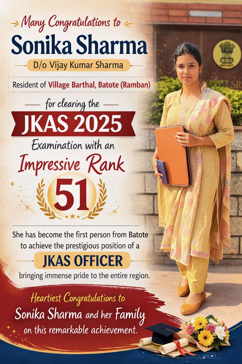 JkExamzone's tweet photo. Many congratulations to Sonika Sharma for clearing the JKAS 2025 examination with an impressive Rank 51.

She has become the first person from Batote (Ramban) to achieve the prestigious position of a JKAS Officer. #JKAS #JKPSC #JKAS2024 https://t.co/nJBErf04vS