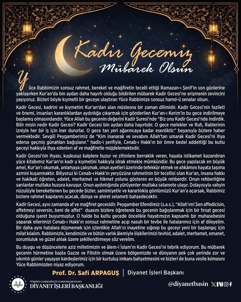 Diyanet İşleri Başkanı Arpaguş’tan Kadir Gecesi mesajı

diyanet.gov.tr/tr-TR/Kurumsal…