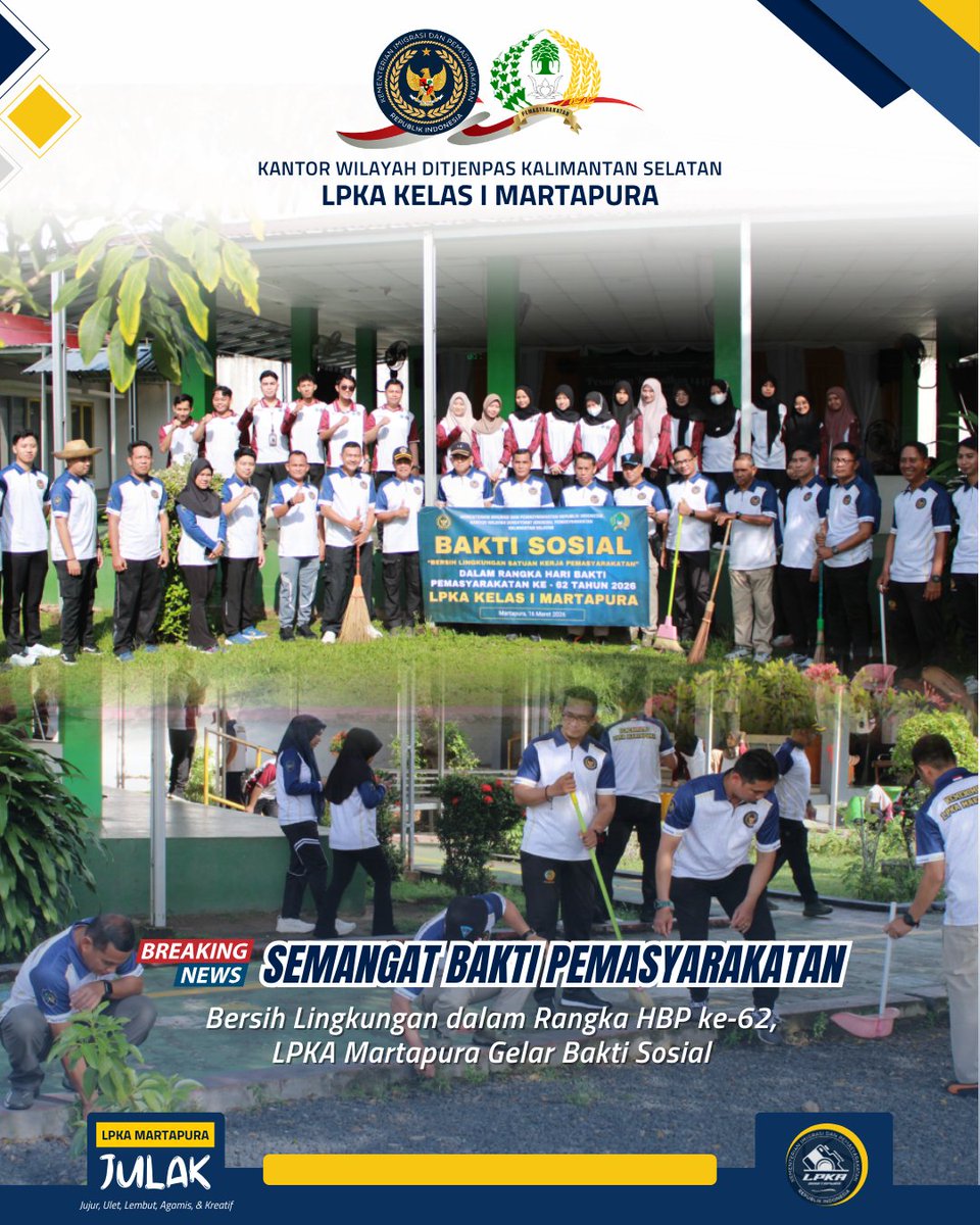 lpkamartapura's tweet image. Bersih Lingkungan dalam Rangka HBP ke-62, LPKA Martapura Gelar Bakti Sosial

@kemenimipas
@kanwilditjenpaskalsel
#lpkamartapura
#JULAK

#Kemenimipas #Ditjenpas #Pemasyarakatan #HBP62 #HariBaktiPemasyarakatan62 #PemasyarakatanKerjaNyataPelayananPrima