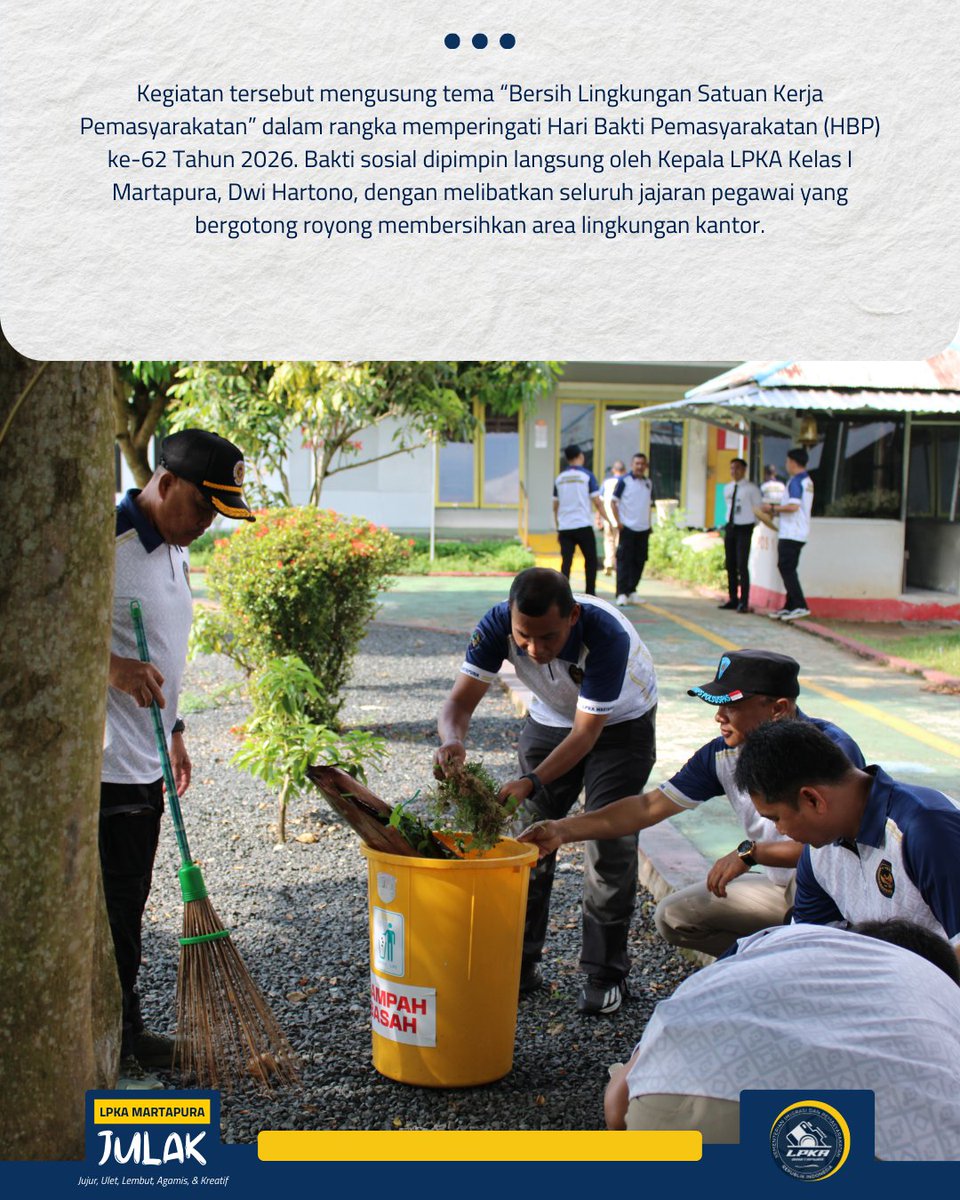 lpkamartapura's tweet image. Bersih Lingkungan dalam Rangka HBP ke-62, LPKA Martapura Gelar Bakti Sosial

@kemenimipas
@kanwilditjenpaskalsel
#lpkamartapura
#JULAK

#Kemenimipas #Ditjenpas #Pemasyarakatan #HBP62 #HariBaktiPemasyarakatan62 #PemasyarakatanKerjaNyataPelayananPrima