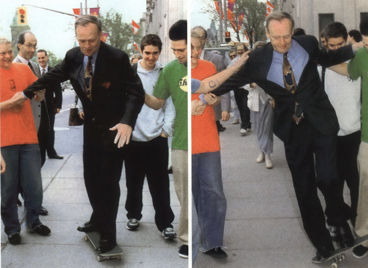 Jean Chrétien skateboarding in Ottawa in 1995