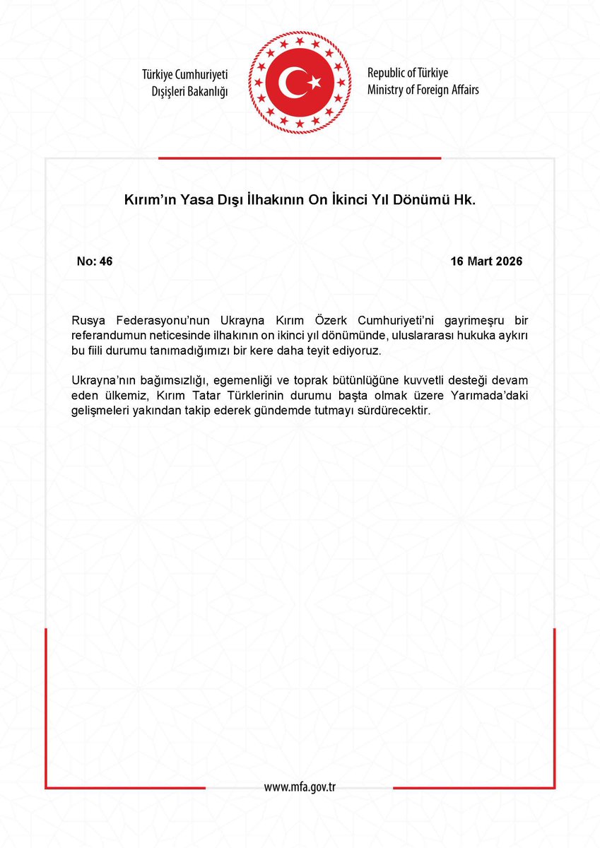 Kırım’ın Yasa Dışı İlhakının On İkinci Yıl Dönümü Hk. mfa.gov.tr/no_-46_-kirim-…