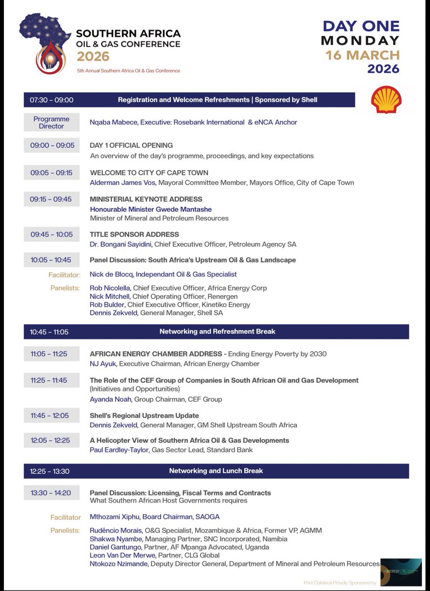 AJ_NP_'s tweet photo. The programme for today’s Southern Africa Oil and Gas conference looks very interesting. Experts and policy makers will be discussing the current and future prospects of oil and gas, and there will be an opportunity to network too. 

#SAOGC2026 https://t.co/U7ZUQzerdW