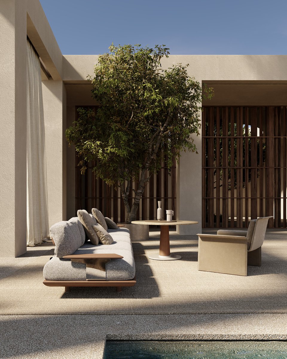 Massimo Castagna tasarımı Caprera, salon konforunu dış mekanlara taşıyan modüler bir kanepe sistemi. Farklı mekansal ihtiyaçlara rafine bir esneklikle cevap veren sistem; puflar, adalar ve sırtlıkların istendiği gibi hareket ettirilmesine, döndürülmesine ve birleştirilmesine