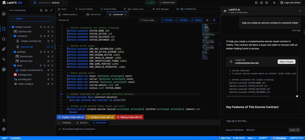 labstxorg's tweet photo. Hold your seatbelt! New #LabSTX updates incoming:
⇒ AI-powered code explain, debug & analysis
⇒ File ops: UPDATE & CREATE files (AI can now edit/create)
⇒ Auto-gen text fields for contract calls (no more JSON args) (for more advanced calls, debug try checking out @stxer https://t.co/tYT5hJS5uv