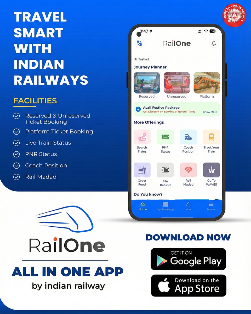 DRM_BVP's tweet image. Travel Smart With Indian Railways RailOne – Your official digital companion for Indian Railways.

@WesternRly
@RailMinIndia
@AshwiniVaishnaw
#BhavnagarDivision #RailOneApp #WesternRailway