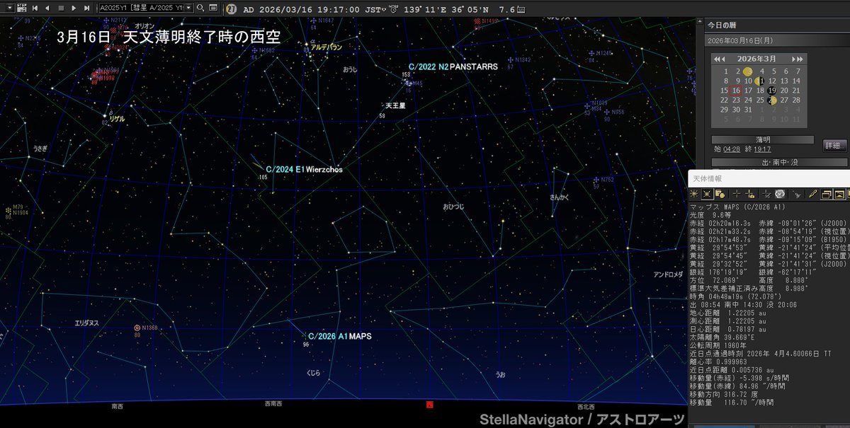 4月4日の太陽最接近に向けて
高度を下げつつあるマップス彗星  C/2026 A1 ( MAPS )

3月16日　すでに太陽まで0.78au（地球からは1.22au）に接近しており 薄明終了時の高度が10度を切ります

本日9.5等ほどであれば　3月29日(太陽まで0.36au)には日没まもなくの超低空に2～3等級が期待できそう🥰