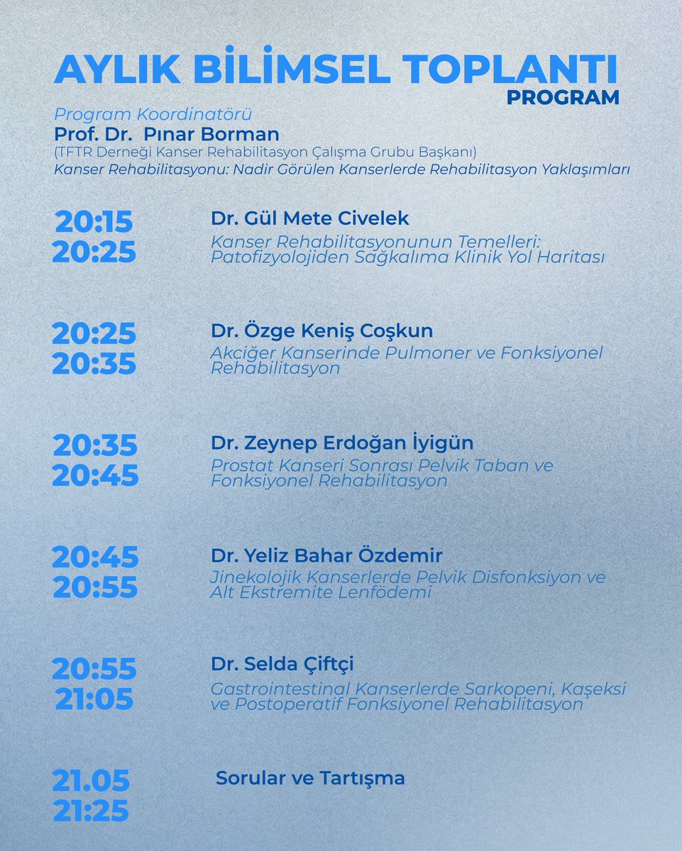 TFTR Aylık Bilimsel Toplantıları devam ediyor.

📅 16 Mart 2026
🕗 20.15
💻 Çevrimiçi

Konu: Kanser Rehabilitasyonu – Nadir Görülen Kanserlerde Rehabilitasyon Yaklaşımları