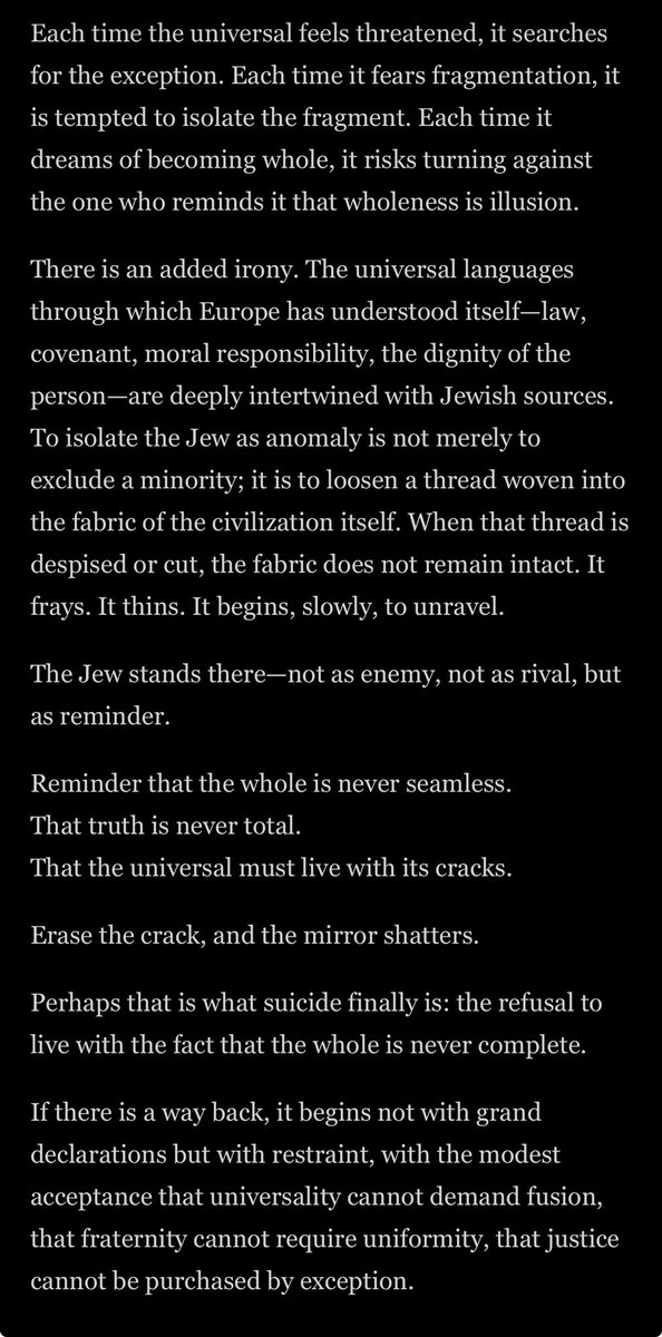 glykosymoritis's tweet image. Jew-hatred builds itself as both fear of the all and dream of the all. It fears that humanity cannot become one while something resists absorption. It dreams of a reconciled totality—once the exception is neutralized. f4cd.substack.com/p/the-suicide-… By @gregthl #antisemitism #modernity