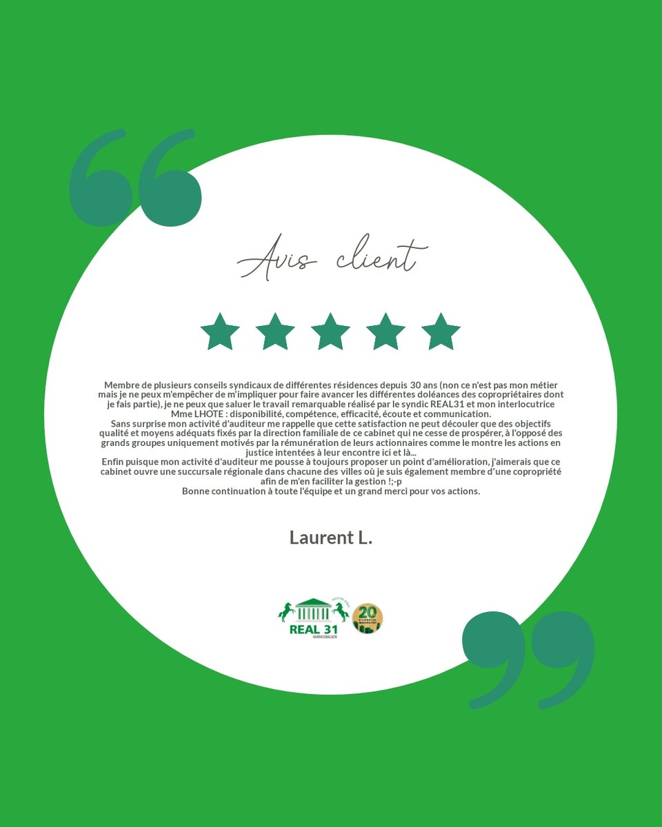 real31immo's tweet image. 🌟 Avis Client 🌟
Être syndic, c'est un métier exigeant mais ô combien gratifiant 🙌. Chez REAL 31, nous mettons l'humain au cœur de nos actions.

Merci à Laurent L. pour ses mots. C'est grâce à vous que nous continuons d'avancer avec passion❤️.

#Syndic #REAL31 #avis