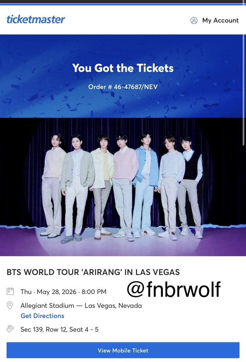 ayeeeWolf's tweet photo. Selling 2 tickets to BTS ARIRANG Vegas 05/28 

Section 139
Row 12 
Seat 4&amp;5 

Won’t be able to make it so will sell for FV 

*SERIOUS INQUIRIES ONLY*

#BTS #arirang #Vegas https://t.co/6US75F61w6