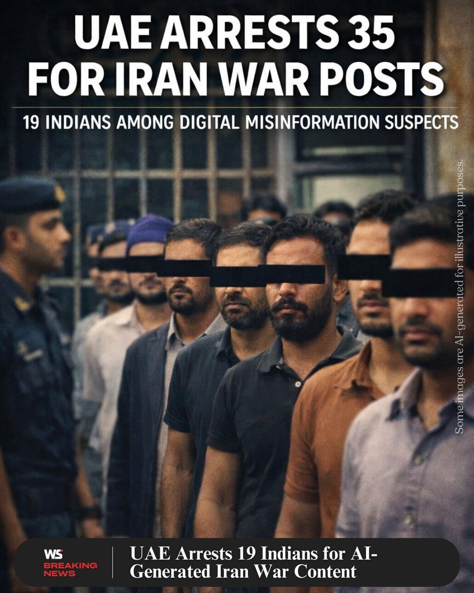 WorldSignalHQ's tweet image. BREAKING: UAE arrests 35—including 19 Indians—for AI-generated Iran war fakes and glorifying "hostile state." Minimum 1 year prison, $27K fine. Iran also arrests 500. The war's digital front just got real. 📱🚨 #WorldSignal #UAE #IndiansInUAE #AIFakes #Misinformation