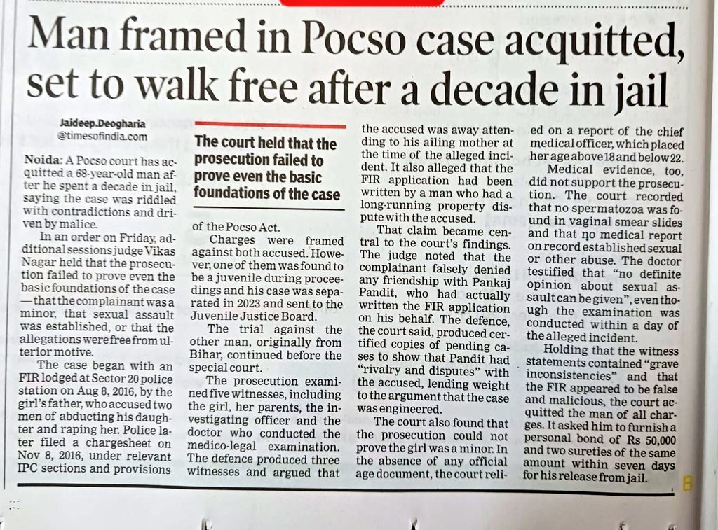 MAN DECLARED INNOCENT AFTER SPENDING 10 YEARS IN JAIL IN POCSO CASE 

He had a property dispute because of which the other party got a pocso case filed through daughter

NO PROOF GIRL WAS MINOR
NO MEDICAL PROOF OF RAPE

STILL 10 YEARS IN JAIL !!!