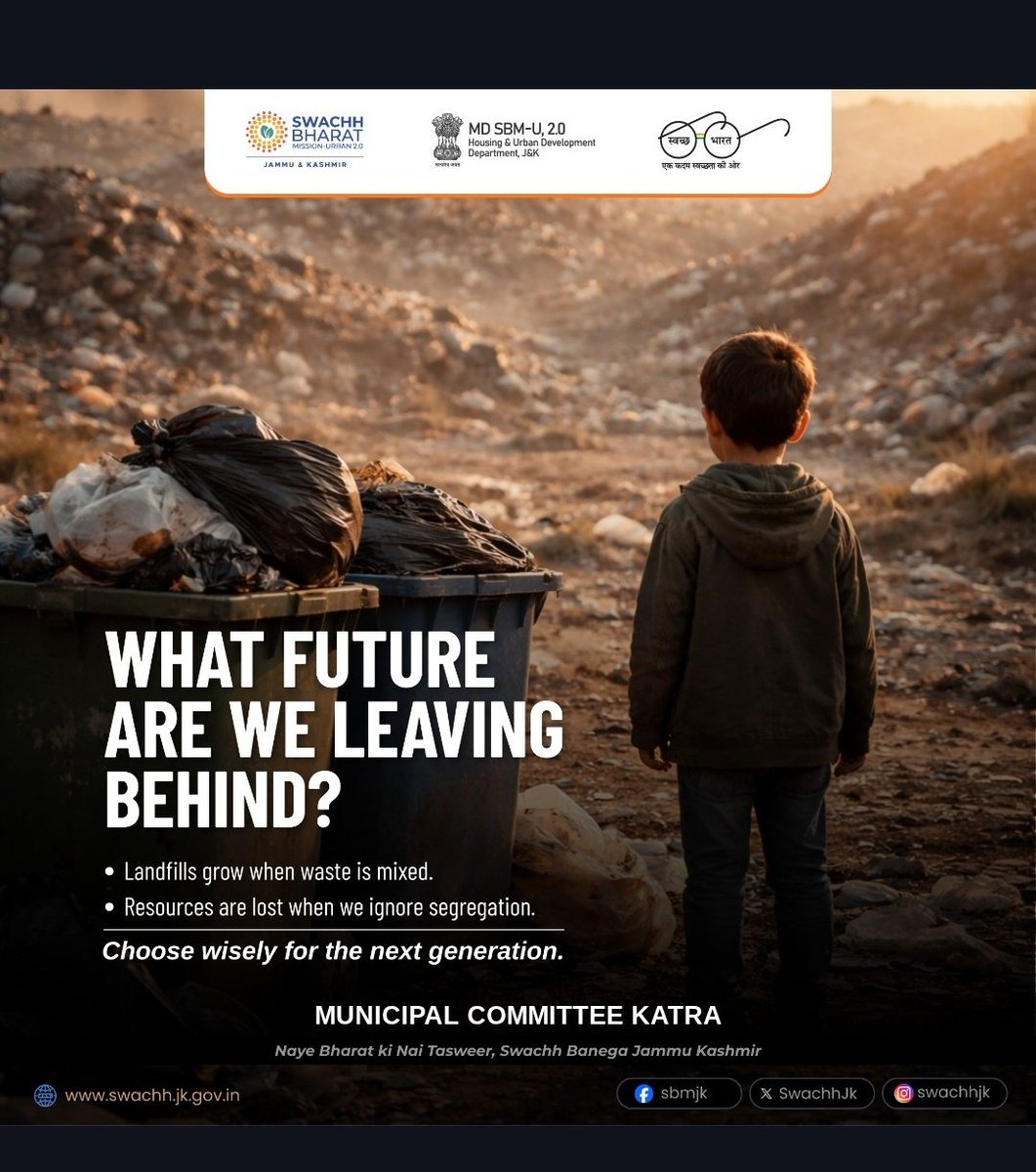 KatraMck's tweet photo. Mixed waste is a burden; segregated waste is a resource. 
Don't let our landfills grow at the cost of their future. It only takes a minute to separate your dry and wet waste 
#SwachhBharatMission 
 #MoHUA
 #SbmUrban
 #SwachhSurvekshan2025
 #Swachhjk
#SwachhAadatSeSwachhBharat https://t.co/powQt9IXWw