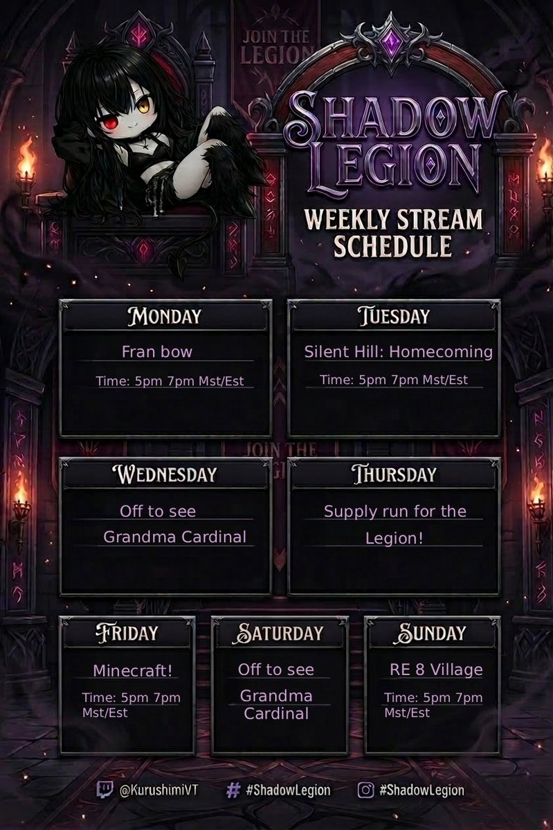 Nightmarefragx's tweet photo. 📅 Check the schedule below! For this week!
📺 https://t.co/FIBMVqQA6T
#VTuber #Twitch #TwitchStreamer #PNGtuber #ShadowLegion https://t.co/AzOxKQHWd0