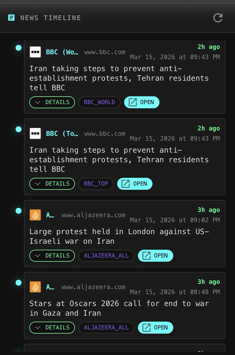 FacticityMage's tweet photo. Truth Terminal now streams live news from trusted global sources directly into the platform.

As events unfold, the system aggregates developments from outlets like BBC and Al Jazeera into a single timeline, giving you a real-time view of what’s happening.

No switching tabs. No fragmented feeds.

Access the terminal here:
https://t.co/CLuxyHBxgR