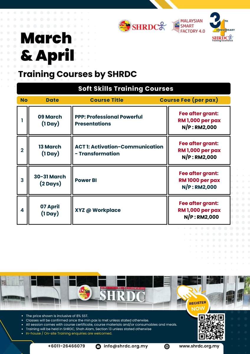 SHRDC's tweet photo. Upcoming industry‑driven training this March &amp; April 🚀
Solar PV | Smart Factory 4.0 | ESG
Register now &amp; level up your expertise.
📩 info@shrdc.org.my | 📞 +6011‑26766079 https://t.co/n1oORU6yXu