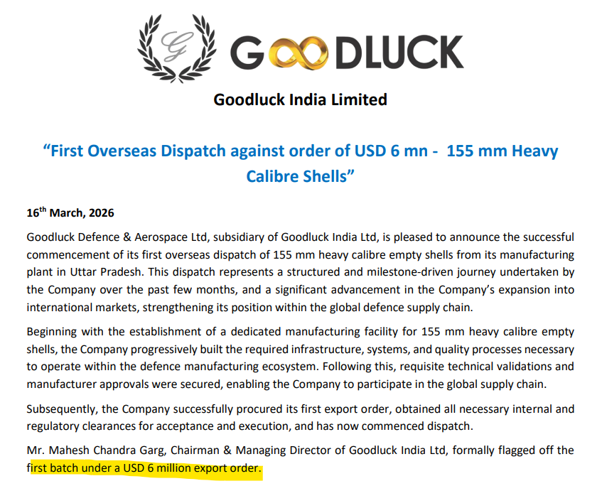 fyiitsdeepak's tweet photo. Goodluck Defence dispatches first batch- 155mm Artillery Shell casings. How much can they gain from being the first mover in the space remains to be seen. My bet is a lot!!

#goodluckindia #goodluckdefence #155mmshell https://t.co/BRjw8voNES
