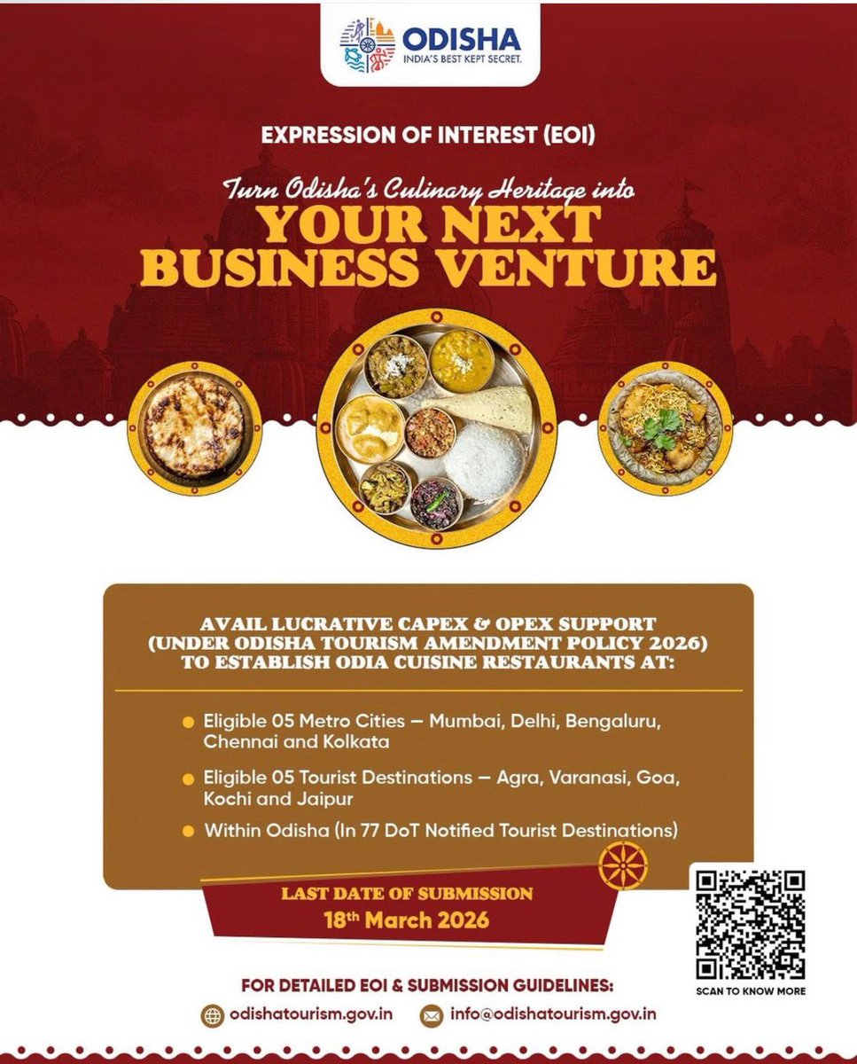 manas_muduli's tweet photo. A great initiative by Odisha Tourism to promote Odia cuisine across India.

Support of up to ₹5 crore will be provided to establish Odia cuisine restaurants in:

• Metro Cities:
Mumbai, Delhi, Bengaluru, Chennai, Kolkata

• Tourist Destinations:
Agra, Varanasi, Goa, Kochi, Jaipur

• Within Odisha:
Across 77 DoT-notified tourist destinations in Odisha.

A big step towards taking Odia cuisine to the national stage.

Last date for EOI: 18 March 2026.
