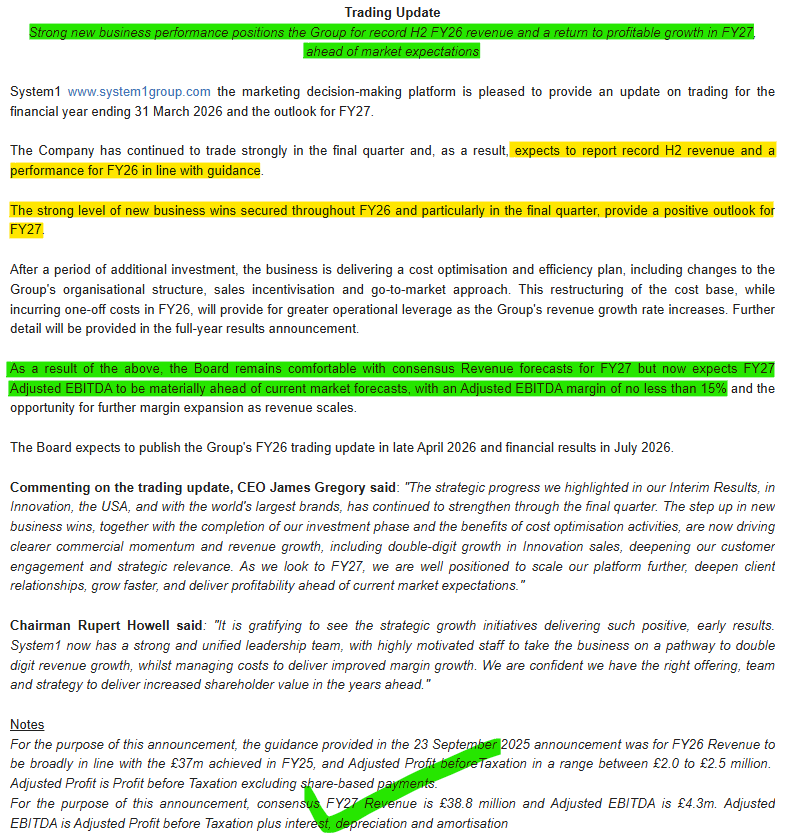 1James1n1's tweet photo. #SYS1 -TU

➡️Strong 2H &amp; "performance for FY26 in line with guidance". Momentum into FY27
⚠️1-off's flagged for FY26
✅Investment, cost optimisation, sales incentivisation &amp; turnaround change FY27 outlook
✅"FY27 Adj BS Earnings to be materially ahead of current market forecasts" https://t.co/N2vpL0wuxb