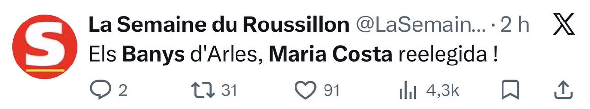 La llàstima de tenir una TV3 com la d’ara (NoSabemQuiSom3cat) és que no ens expliquen victòries precioses de país, com la de Maria Costa <a href="/CostaMarie9/">costa marie</a>, que repetirà  com a batllessa dels Banys després de les votacions d’ahir.

Maria Costa és una política i una batllessa