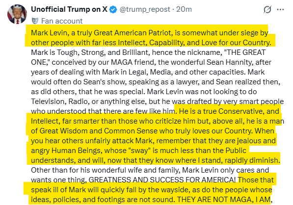 And there you have it

Mark Levin is MAGA anything contrary to him is not...

Fuck you Donald Trump

Sincerely, America First

Die slow MAGA