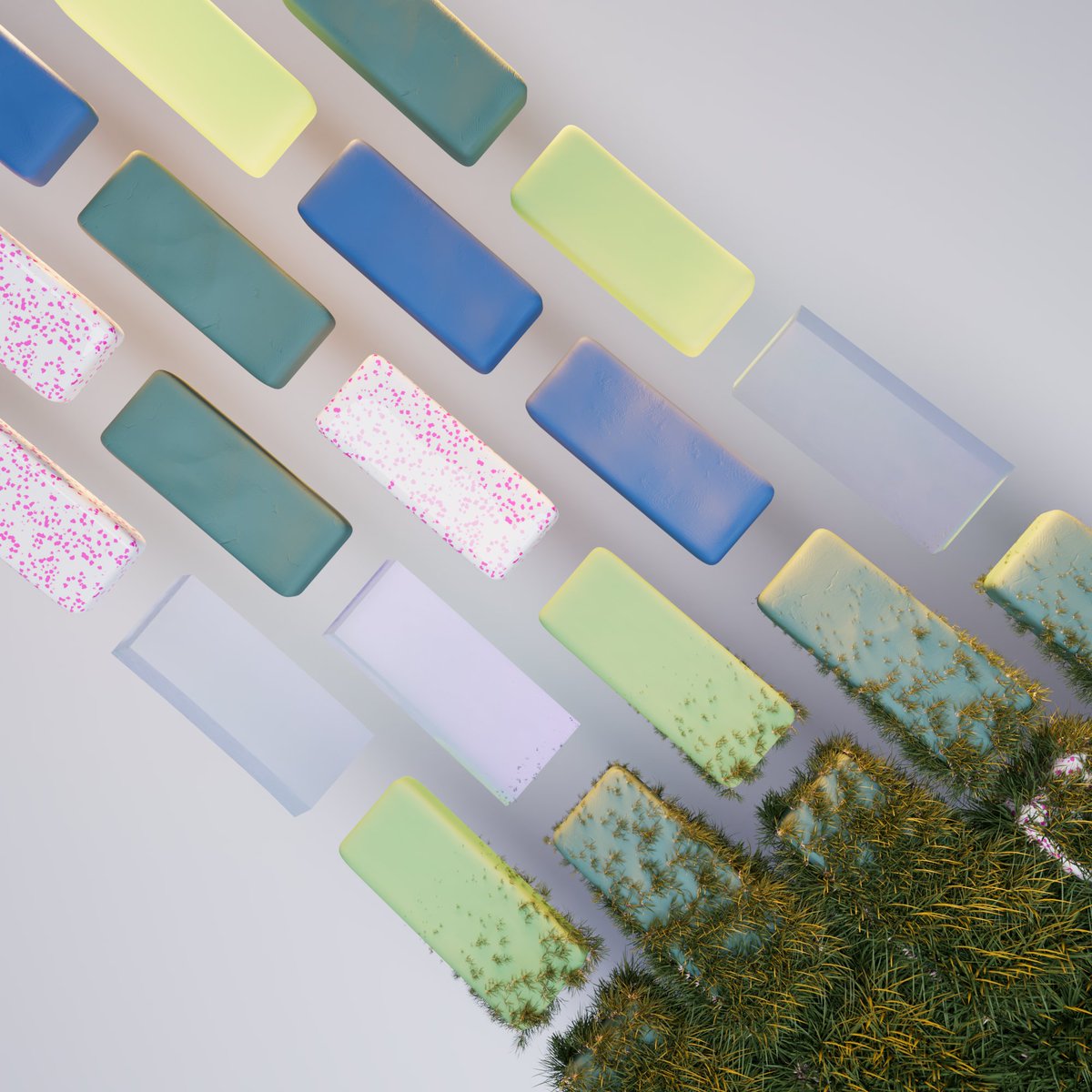_fufupanda_'s tweet photo. Spent the weekend brushing up my C4D skills using fields and vertex maps to create this material transition (thanks to my uni notes). The goal was to blend tactile textures with dense, realistic foliage. 🌿

#Cinema4D #Redshift #3DVisualization #ProceduralDesign #DesignProcess https://t.co/L4x2ZfcSQn