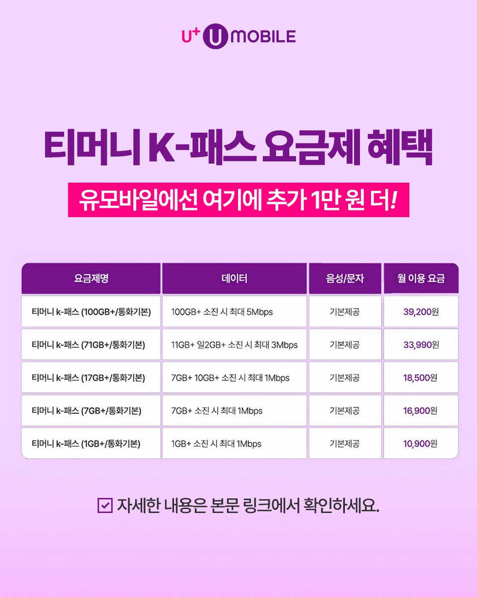 #광고 #RT이벤트

통신비+교통비 고정지출 크신 분들 주목❗
U+유모바일에서 티머니랑 콜라보 요금제 냈는데 구성이 진짜 알차서 소개합니다 💸
통신비,교통비 합쳐서 15만원 나오던 거 8만원까지
컷 가능한 미친 알뜰 요금제가 출시되었는데요,

📍 이번 U+유모바일 X 티머니K패스 요금제 핵심 요약