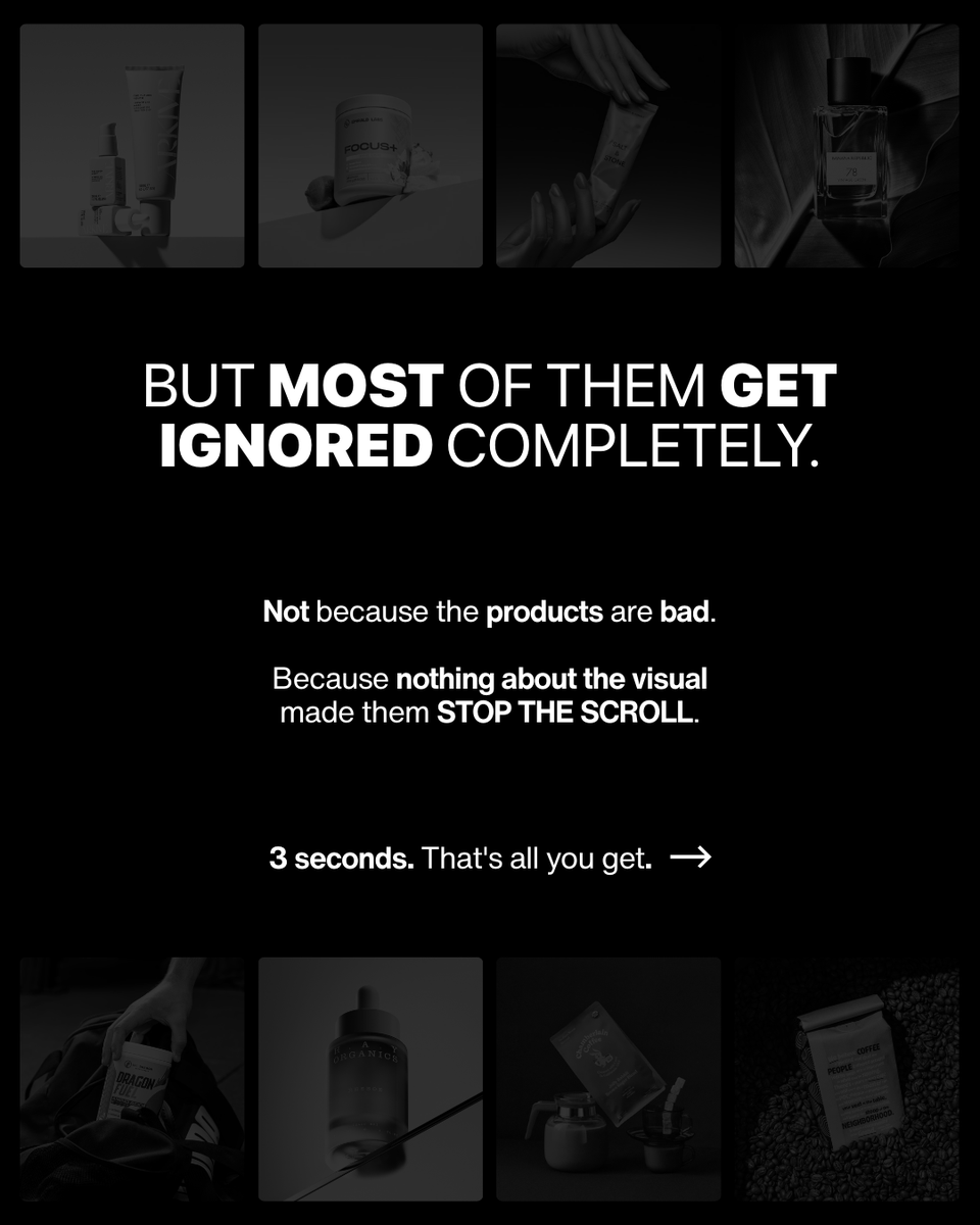 GnRomain's tweet photo. 3 seconds. That is all you get before someone scrolls past your product forever. ✦

Most brands are losing that window not because their product is bad but because their visual is too familiar. 

The brain skips what it has seen before.

GN MOTION   ✦   https://t.co/ujRqYxirA9 https://t.co/fiBTj0rpdV